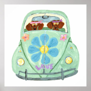 Dachshund Hippies In Their Flower Love Car Poster