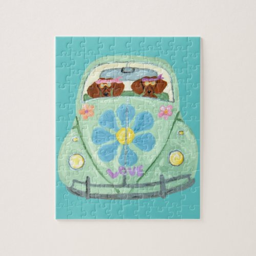 Dachshund Hippies In Their Flower Love Mobile Jigsaw Puzzle