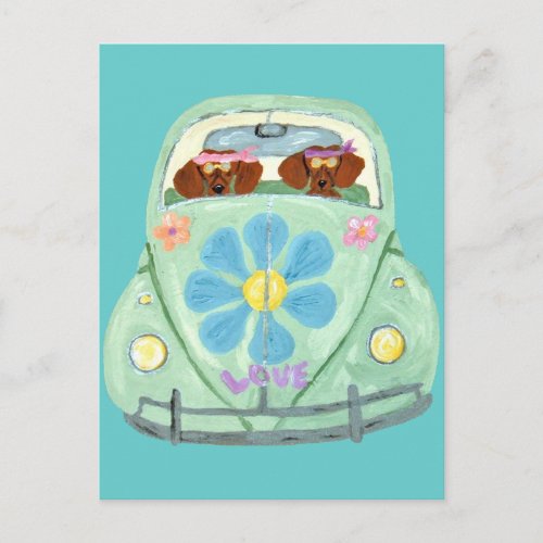 Dachshund Hippies In Their Flower Love Mobile Postcard