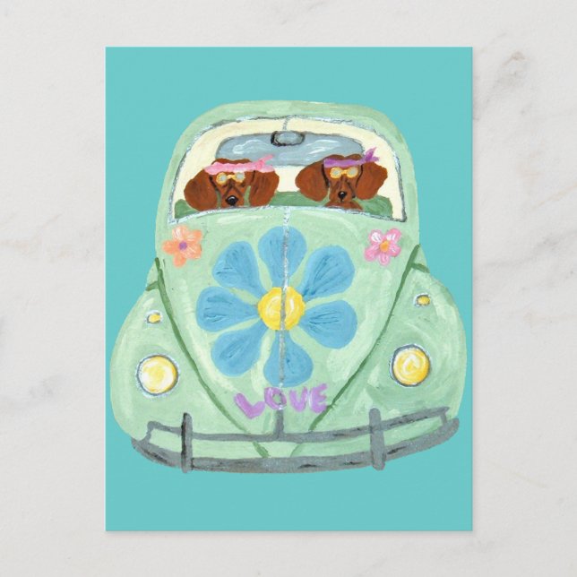 Dachshund Hippies In Their Flower Love Mobile Postcard (Front)