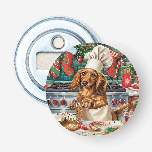 Dachshund Holiday Baking: Festive Christmas Bottle Opener (Front)