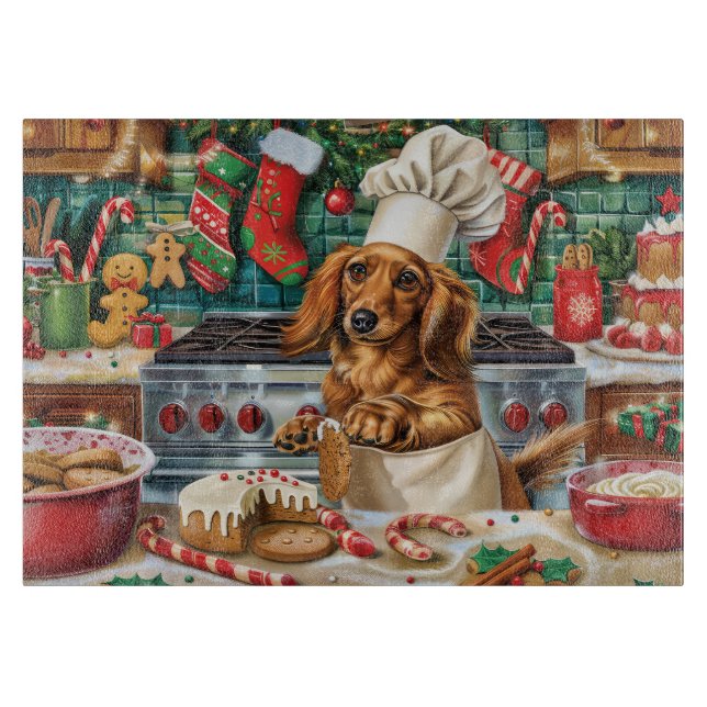 Dachshund Holiday Baking: Festive Christmas Cutting Board (Front)