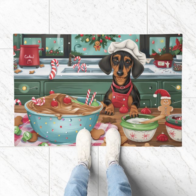 Dachshund Holiday Baking: Festive Christmas  Doormat (Indoor)