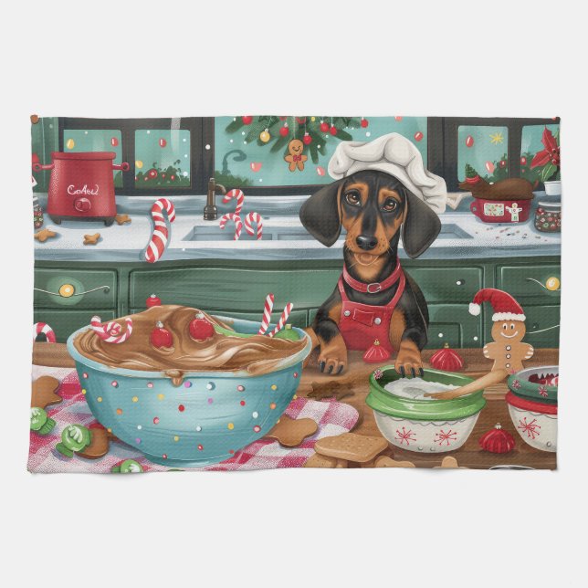 Dachshund Holiday Baking: Festive Christmas  Kitchen Towel (Horizontal)