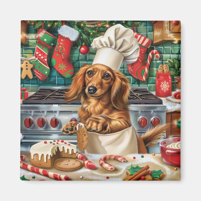 Dachshund Holiday Baking: Festive Christmas Magnet (Front)