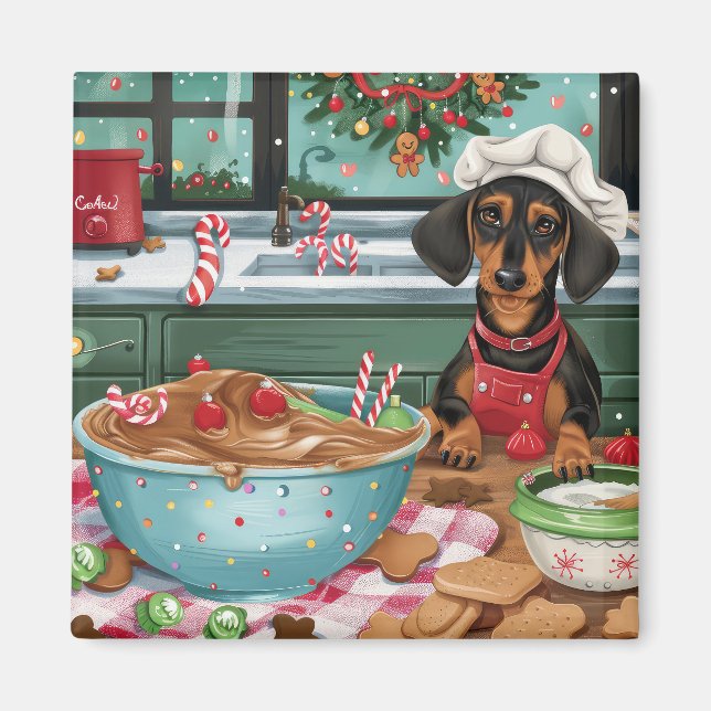 Dachshund Holiday Baking: Festive Christmas  Magnet (Front)