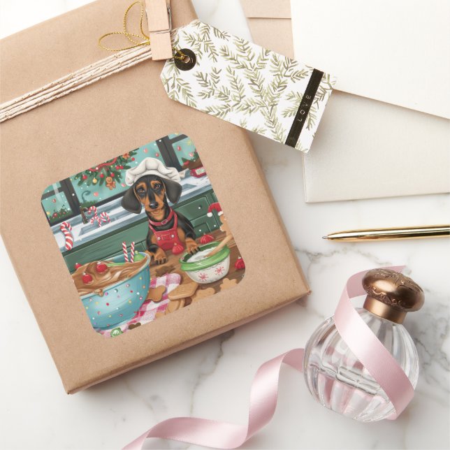 Dachshund Holiday Baking: Festive Christmas  Square Sticker (Gifting)