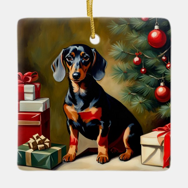 Dachshund Holiday Illustration Ceramic Ornament (Front)