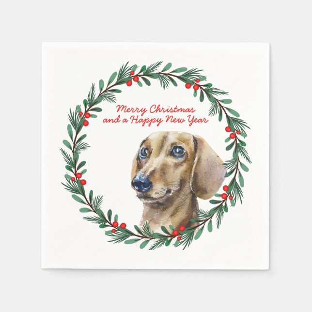 Dachshund Holiday Wreath Personalized Christmas Napkins (Front)