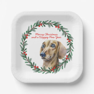 Dachshund Holiday Wreath Personalized Christmas Paper Plates