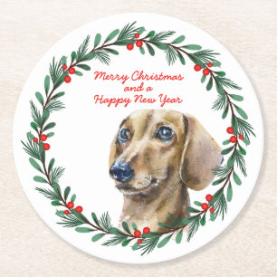 Dachshund Holiday Wreath Personalized Christmas Round Paper Coaster
