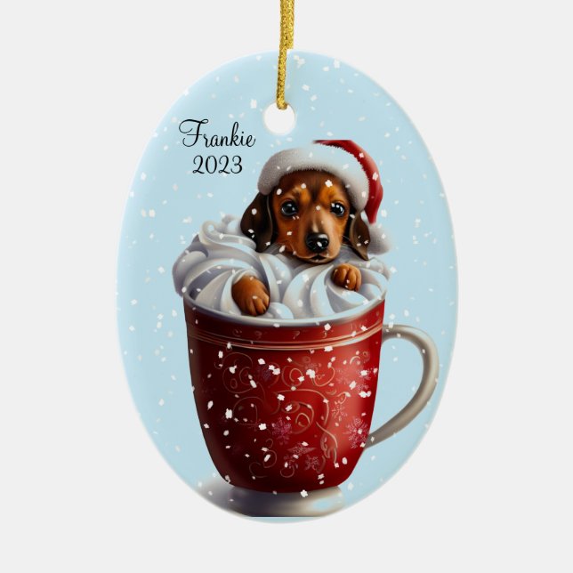 Dachshund Hot Cocoa Christmas Ceramic Ornament (Front)