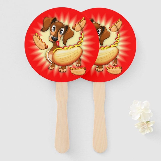 Dachshund Hot Dog Cute Character Hand Fan (Front and Back)