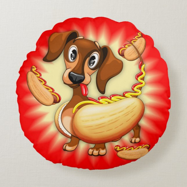 Dachshund Hot Dog Round Pillow (Front)