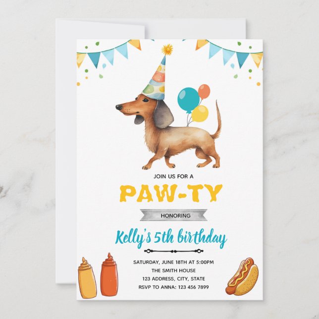 Dachshund hotdog party invitation (Front)