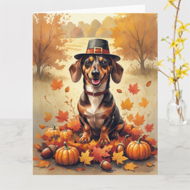 Dachshund In Autumn Leaves Thanksgiving Art Card (Yellow Flower)