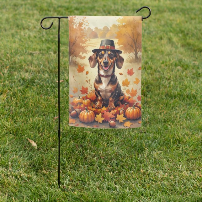 Dachshund In Autumn Leaves Thanksgiving Art Garden Flag (In SItu)