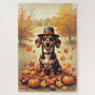 Dachshund In Autumn Leaves Thanksgiving Art Jigsaw Puzzle