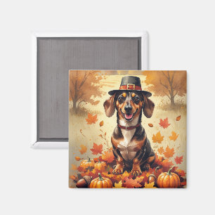 Dachshund In Autumn Leaves Thanksgiving Art Magnet