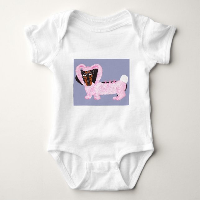 Dachshund In Fuzzy Pink Bunny Suit Baby Bodysuit (Front)