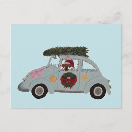 Dachshund in Hippie Car at Christmas Postcard