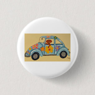 Dachshund in Hippie car  Button