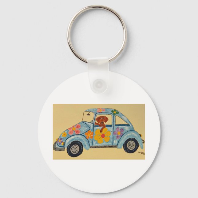 Dachshund in Hippie car  Keychain (Front)