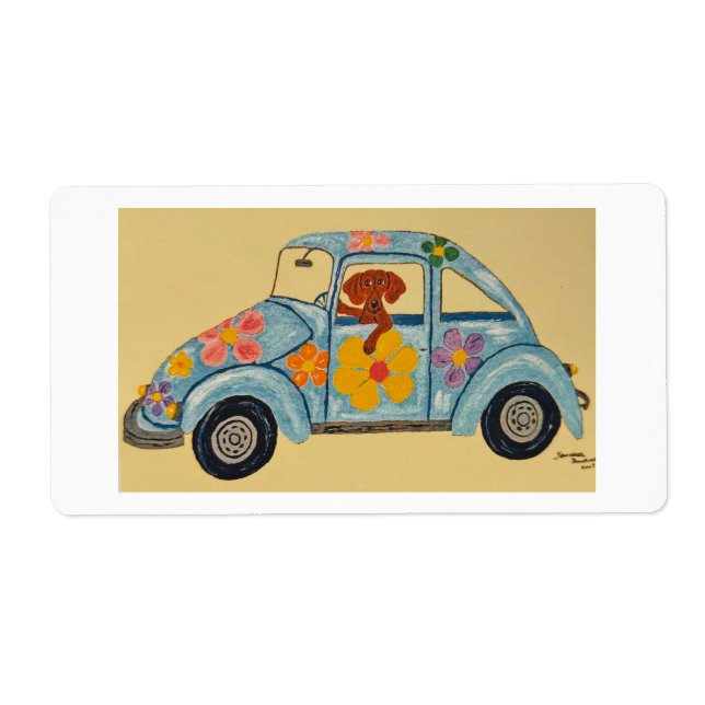 Dachshund in Hippie car Label (Front)