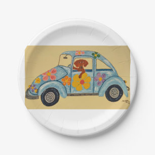 Dachshund in Hippie car Paper Plates