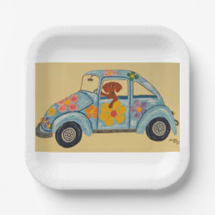 Dachshund in Hippie car  Paper Plates