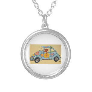 Dachshund in Hippie car  Silver Plated Necklace