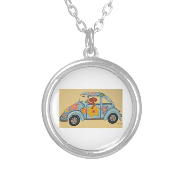 Dachshund in Hippie car  Silver Plated Necklace (Front)