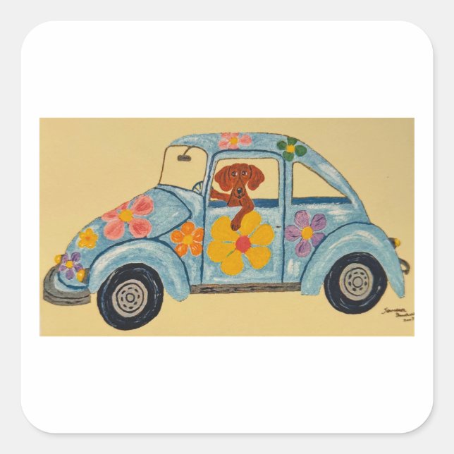 Dachshund in Hippie car  Square Sticker (Front)