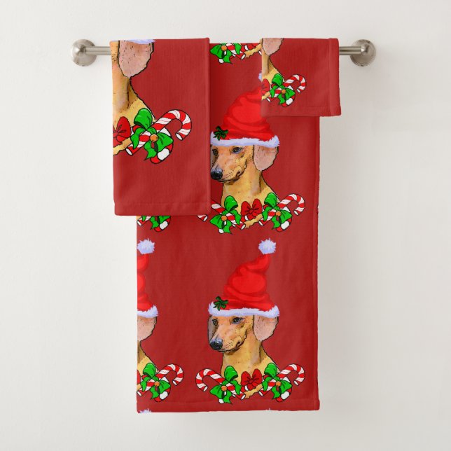 Dachshund in Santa Hat Christmas Bath Towel Set (Insitu)