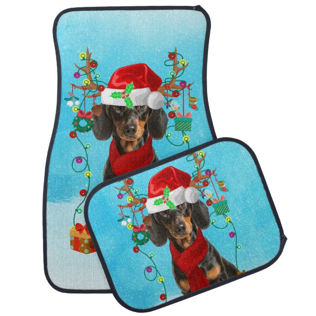 Dachshund in snow with Christmas gifts  Car Floor Mat (Set)