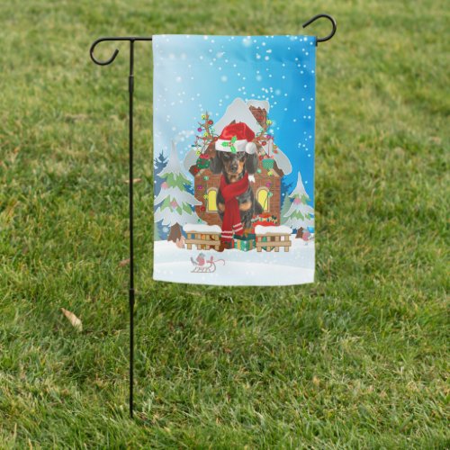 Dachshund in snow with Christmas gifts  Garden Flag