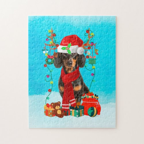 Dachshund in snow with Christmas gifts Jigsaw Puzzle