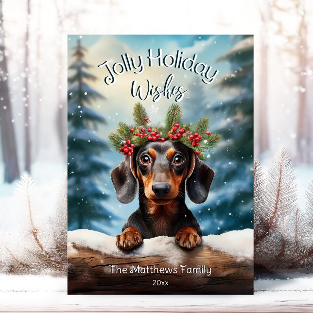 Dachshund in Snowy Enchanted Forest Pet Portrait Holiday Card (Adorable Winter Snowy Scene With Peeking Dogs or Farm/Woodland Animals - Over 50 to Choose From!)