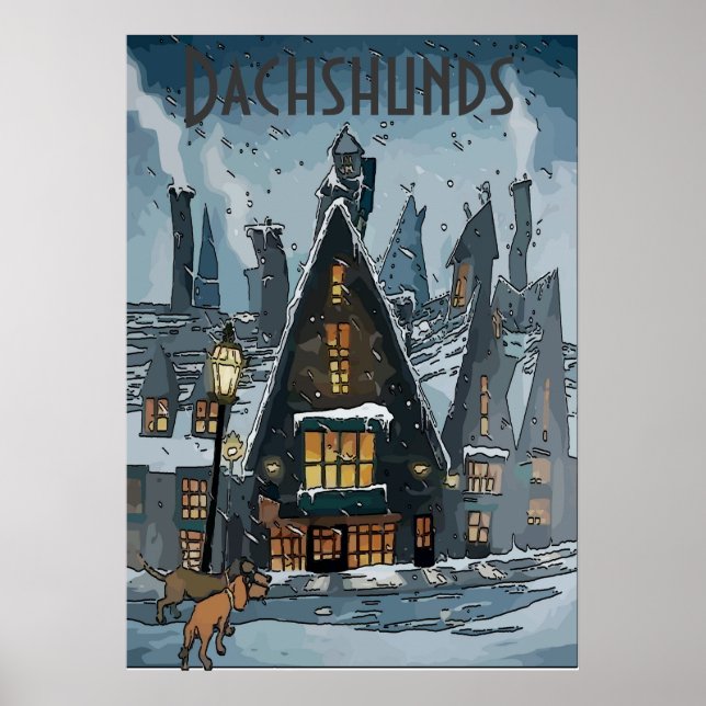 Dachshund in Winter Village, add text Poster (Front)