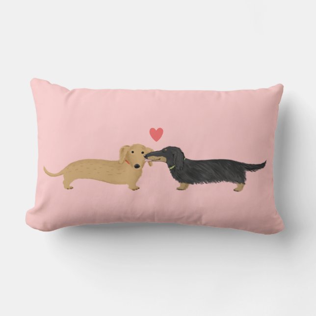 Dachshund Kiss with Heart | Cute Wiener Dogs Love Lumbar Pillow (Front)