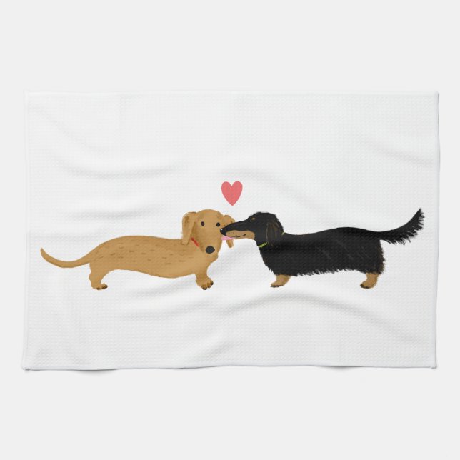 Dachshund Kiss with Heart Kitchen Towel (Horizontal)