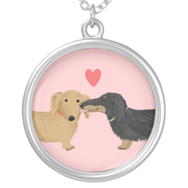 Dachshund Kiss with Heart | Wiener Dog Lover's Silver Plated Necklace (Front)