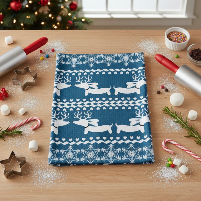 Dachshund Kitchen Christmas Gift or Decor  Kitchen Towel (Blue reindeer dachshund kitchen dish towel for Christmas gifting)
