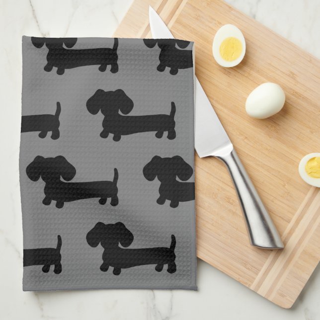 Dachshund Kitchen Dish Kitchen Towel Black & Gray (Quarter Fold)