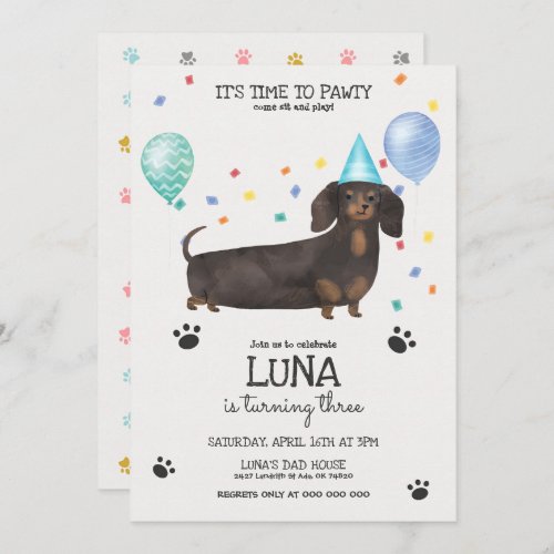  Dachshund Lets Pawty Dog Birthday Invitation Blue