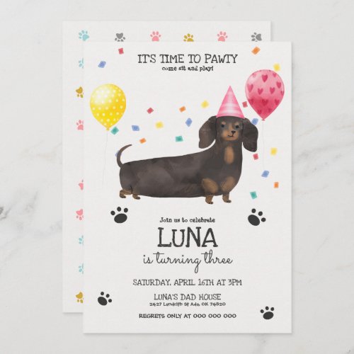 Dachshund Lets Pawty Dog Birthday Invitation Pink