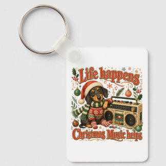 Dachshund Life Happens Christmas Music Helps Keychain
