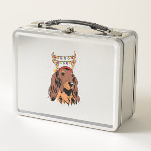 Dachshund Long Hair Reindeer Christmas Tree Lights Metal Lunch Box