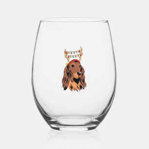 Dachshund Long Hair Reindeer Christmas Tree Lights Stemless Wine Glass