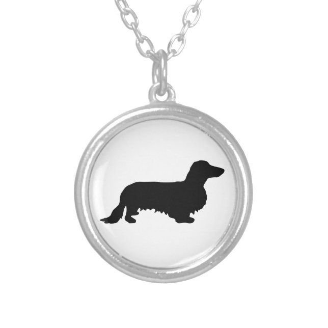 Dachshund Long Hair - Silhouette 1 Silver Plated Necklace (Front)